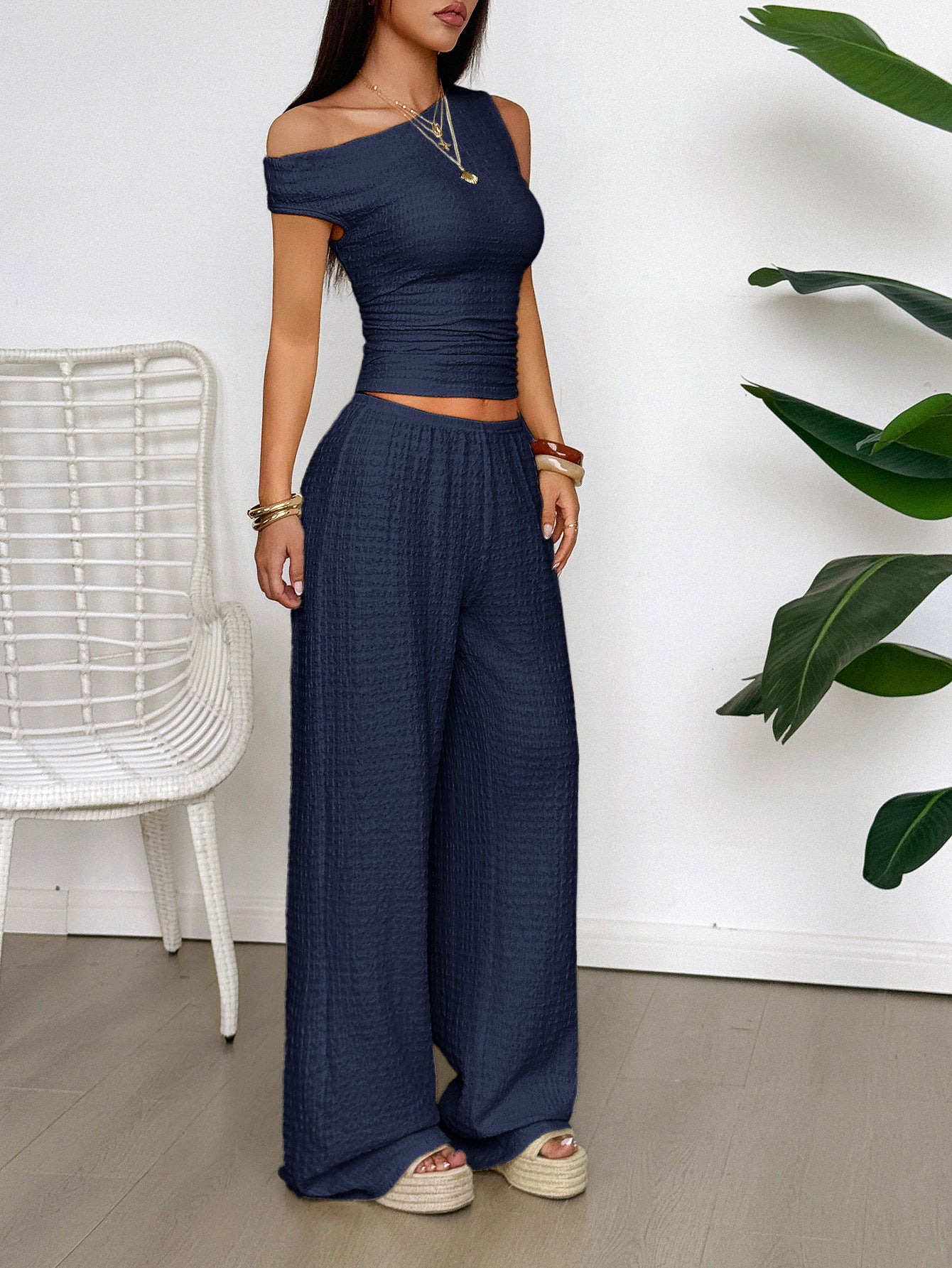 One Shoulder Ribbed Knit Pants Set