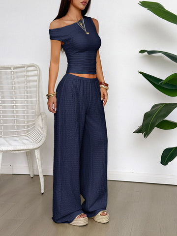 One Shoulder Ribbed Knit Pants Set