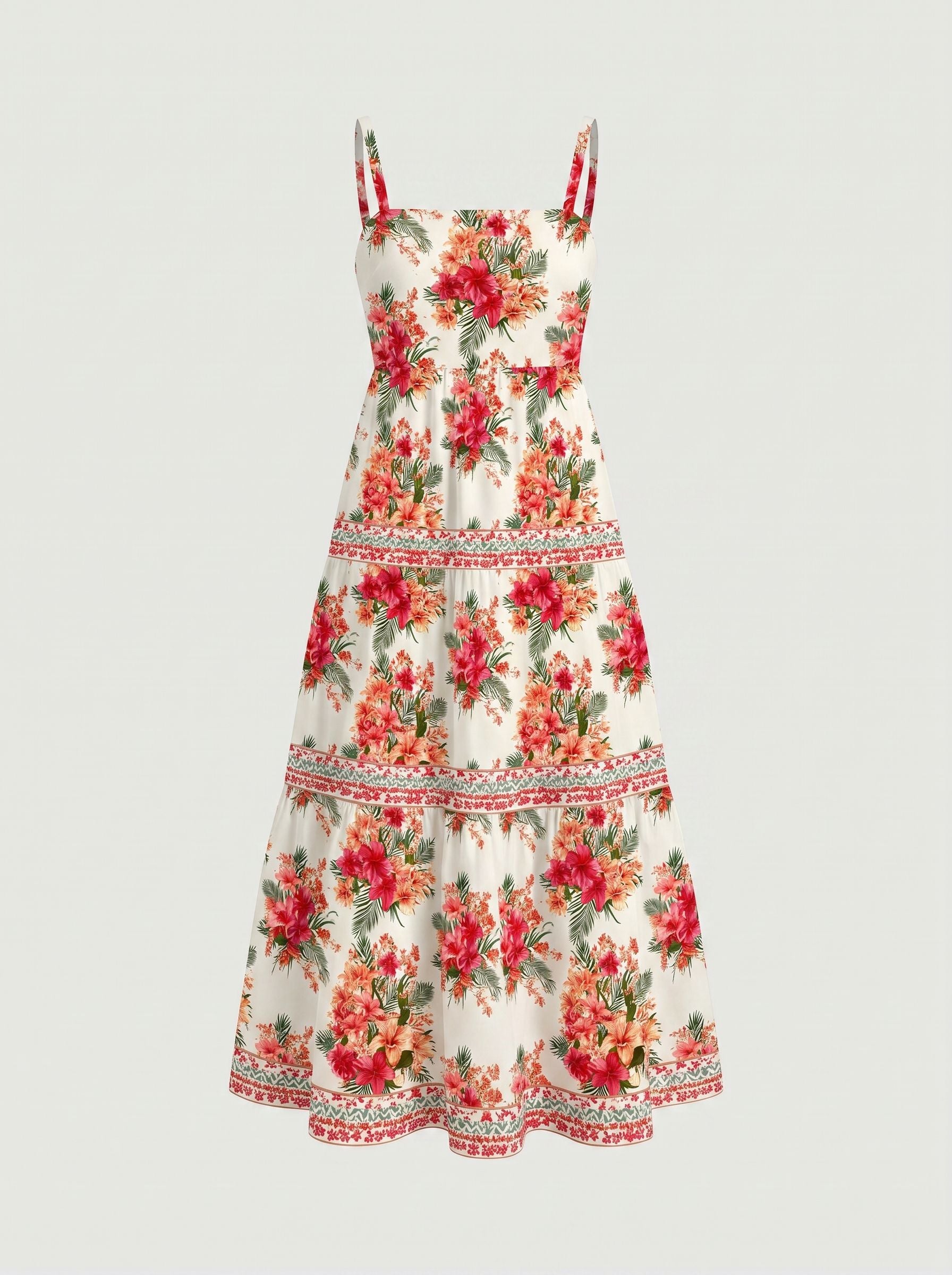 FLORA Floral Print Tiered Strap Midi Dress