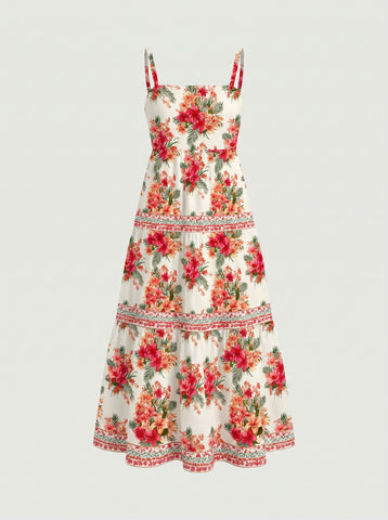 FLORA Floral Print Tiered Strap Midi Dress