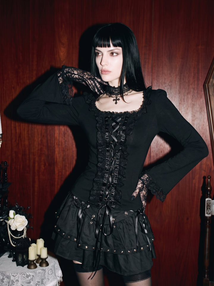 Gothic Lace Up Ruffle Long Sleeve Top