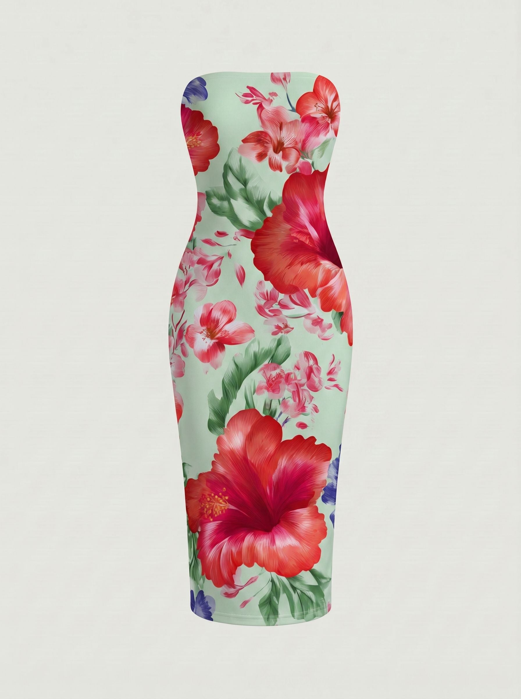 MAIA Floral Print Strapless Sheath Midi Dress
