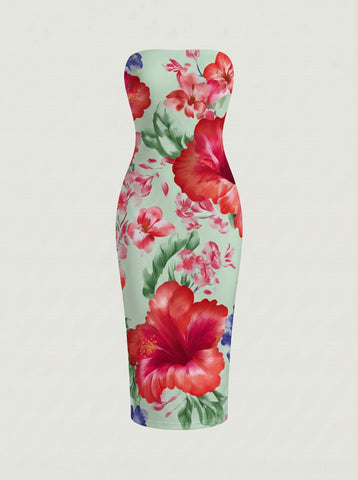 MAIA Floral Print Strapless Sheath Midi Dress