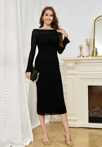 Sheer Panel Long Sleeve Bodycon Daily Midi Dress-Burgundy