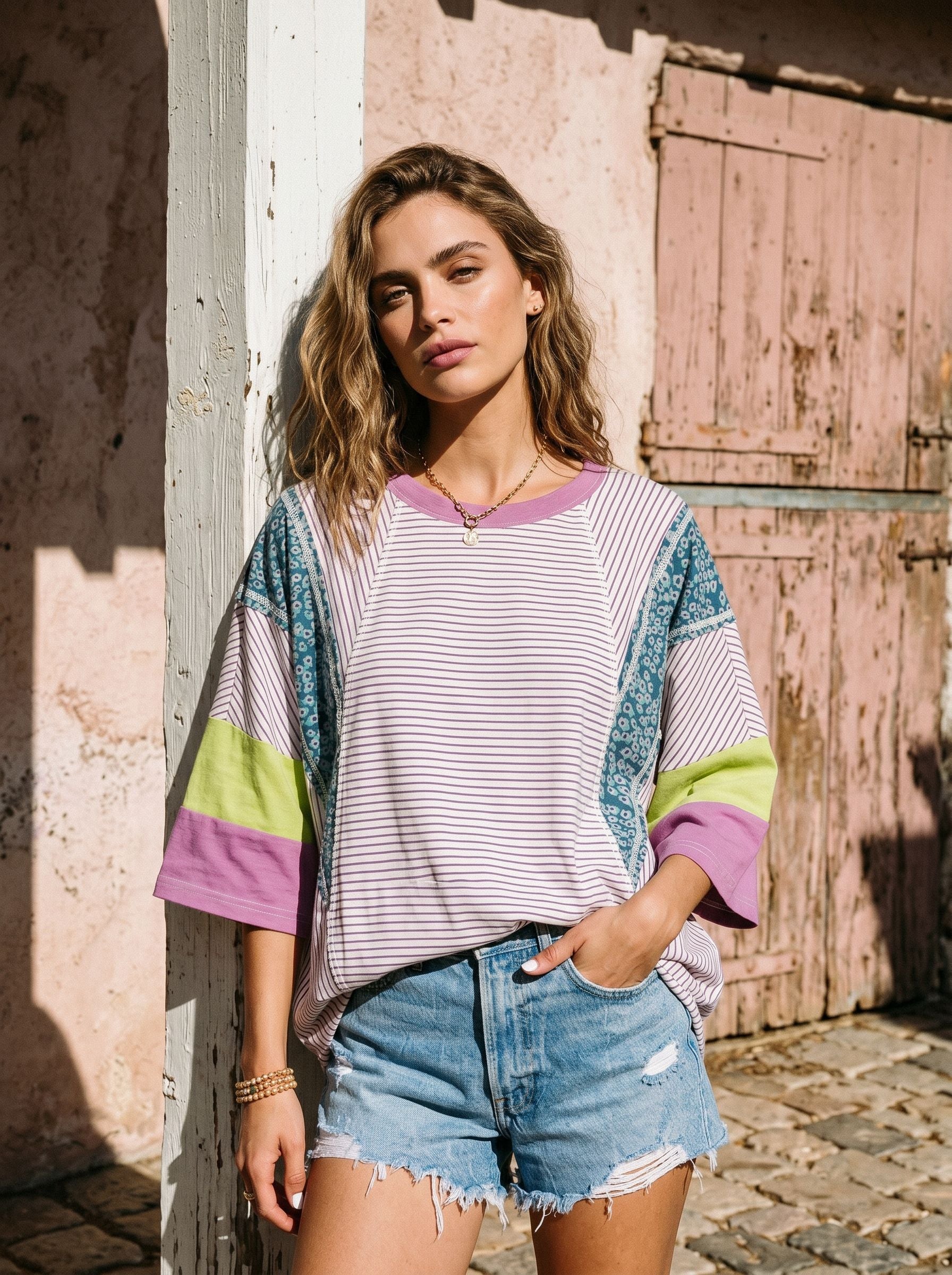 3/4 Sleeve Color Block T-Shirt
