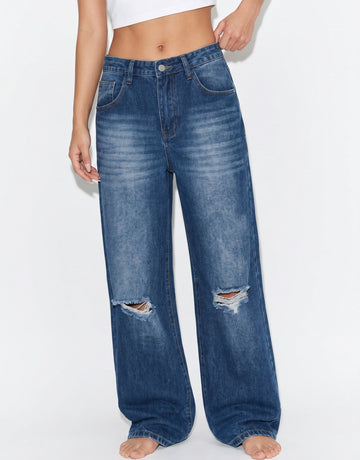 Distressed High Rise Wide Leg Jeans