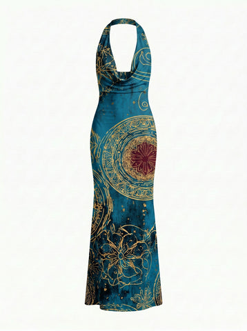 LILA Floral Print Cowl Neck Bodycon Midi Dress
