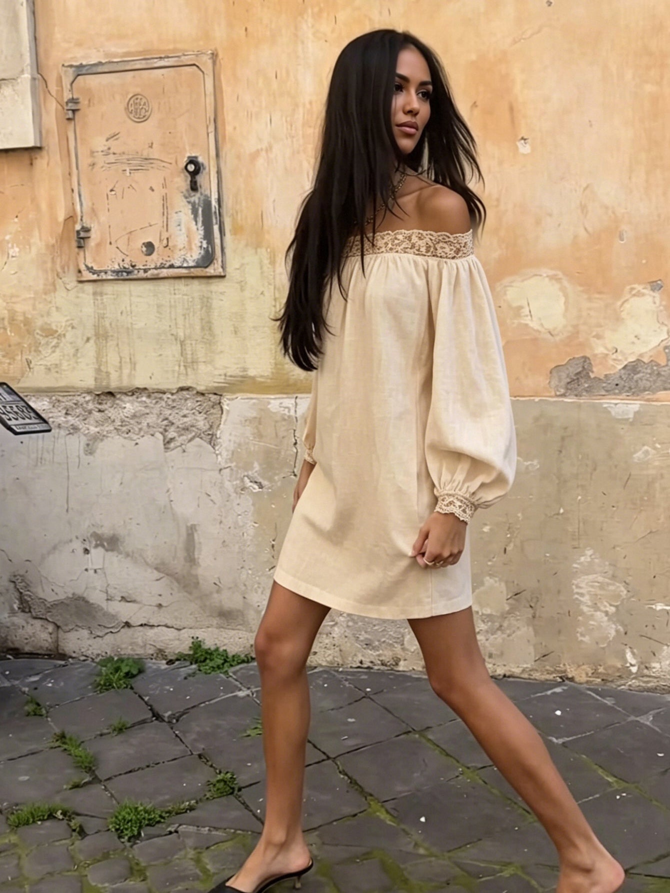 Off The Shoulder Lace Linen Dress