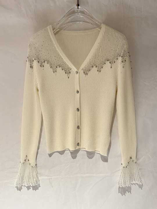 Embellished Ribbed V Neck Cardigan
