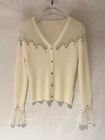 Embellished Ribbed V Neck Cardigan