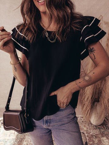 Ruffle Sleeve Black Feminine T-Shirt