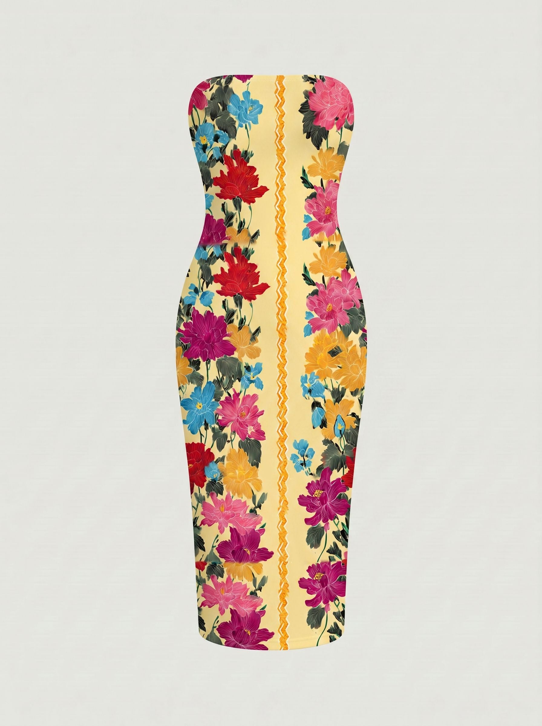 MAIA Floral Print Strapless Sheath Midi Dress