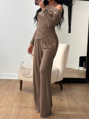 Off-Shoulder Wrap-Waist Top Wide-Leg Pants Elegant Set