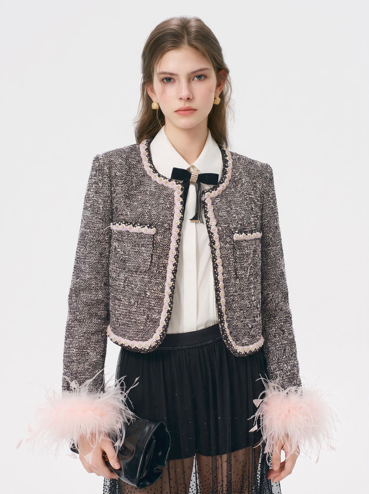 Feather Trim Tweed Cropped Jacket