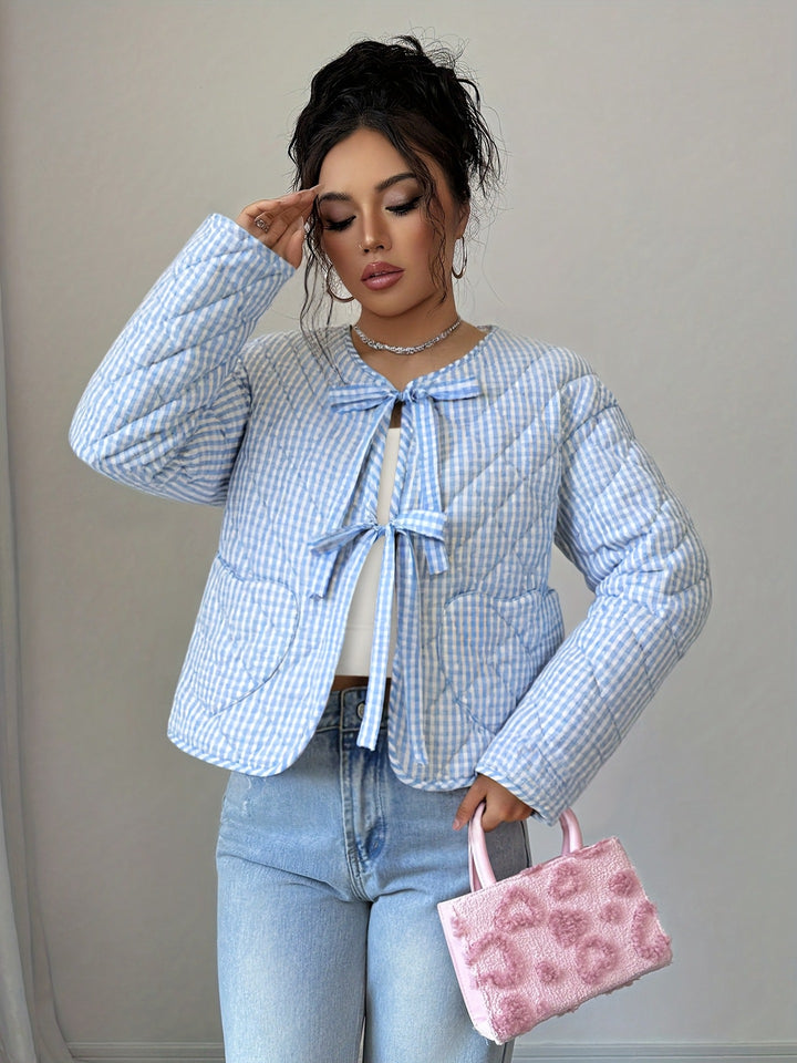 Quilted Gingham Tie Front Jacket