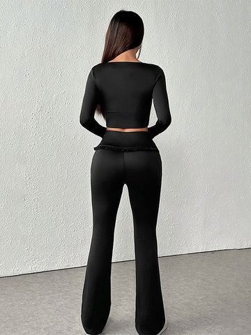 Ruffle Trim Crop Top Pants Set