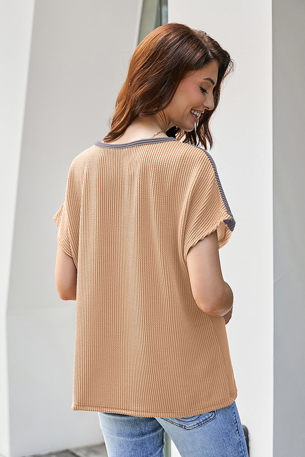 Colorblock Ribbed Knit Casual T-Shirt