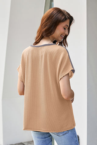 Colorblock Ribbed Knit Casual T-Shirt
