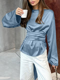 Satin Ruched Waist Long Sleeve Blouse