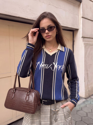 Striped Collared Graphic Knit Pullover Sweater