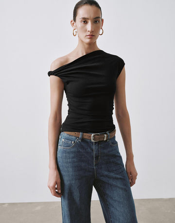 Urban Revivo One Shoulder Ruched Capped Sleeve T-Shirts