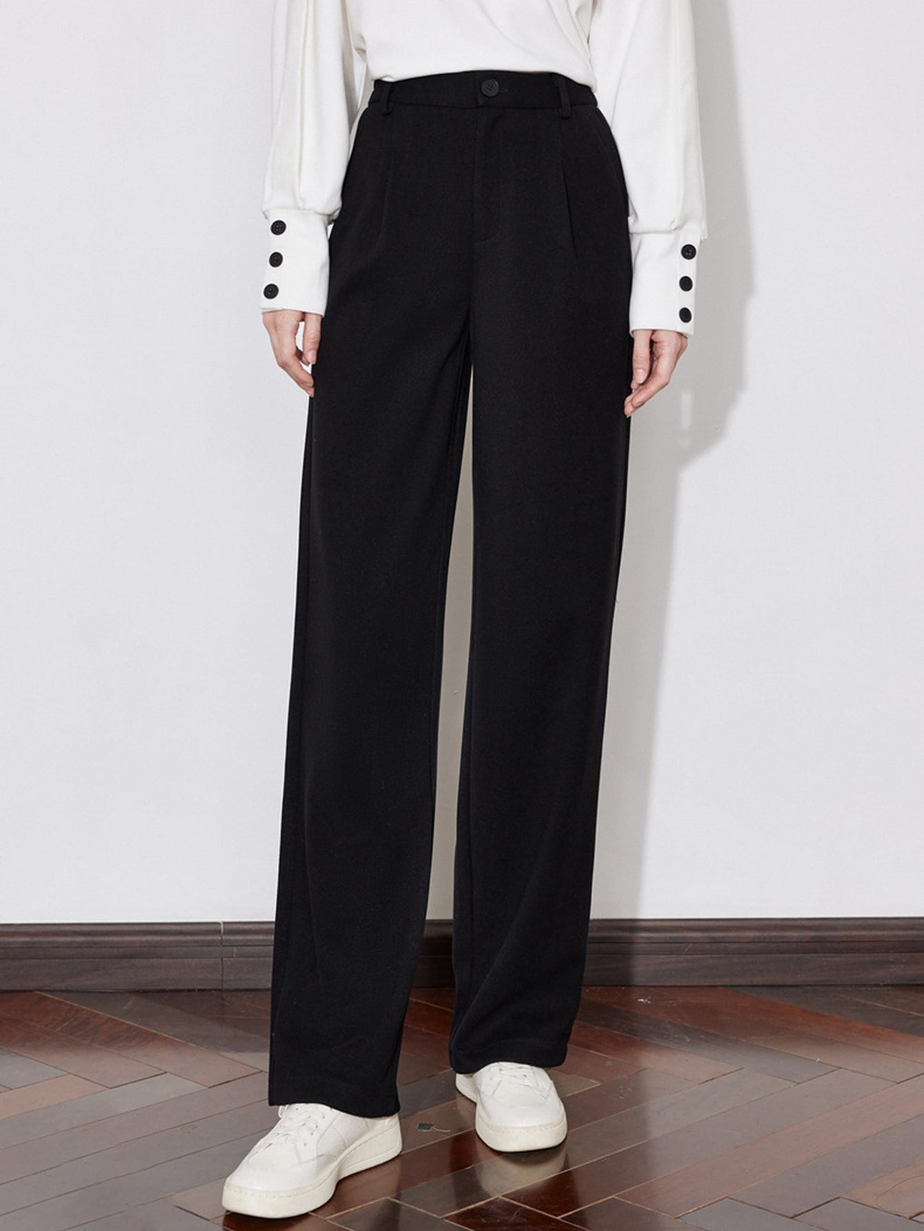 Pleated Front Button Waist Casual Pants