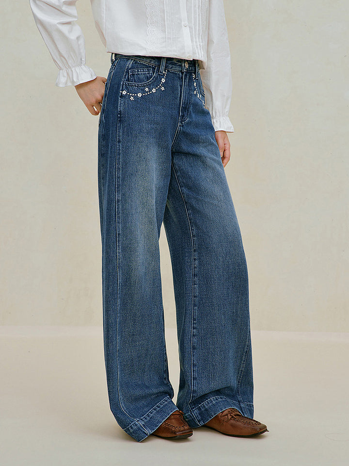 Embroidered High Waisted Wide Leg Jeans