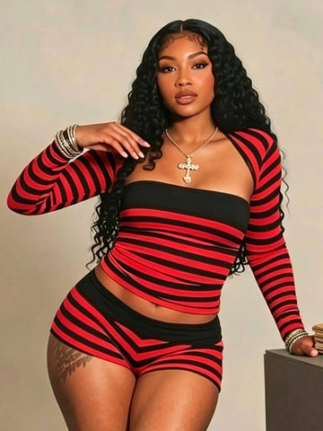 Striped Ribbed Tube Top Shorts Set