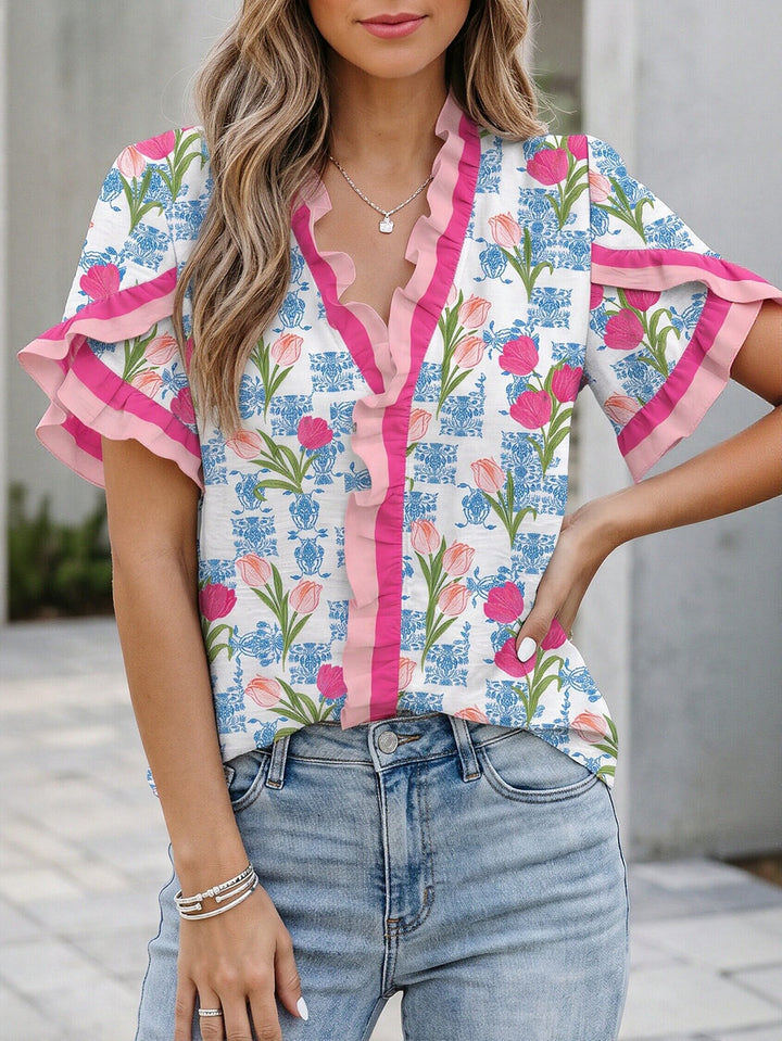 Ruffle Trim Floral Chiffon Blouse