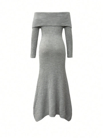 Off Shoulder Ribbed Knit Maxi Dress