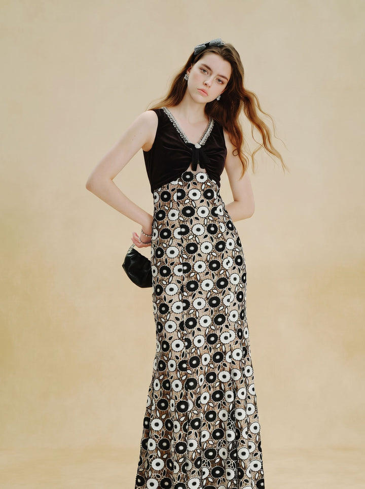 Embellished Velvet Floral Lace Maxi Dress