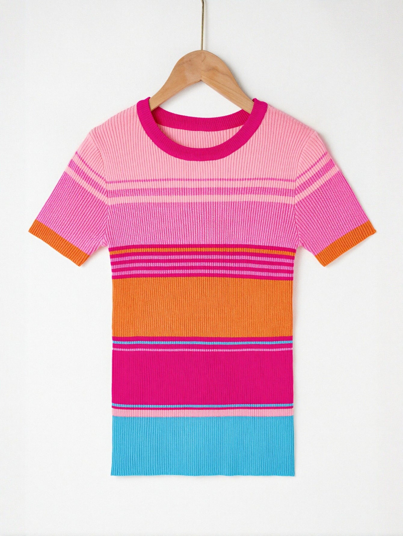 Striped Ribbed Short Sleeve Knit Sweater