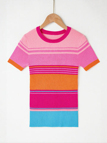 Striped Ribbed Short Sleeve Knit Sweater