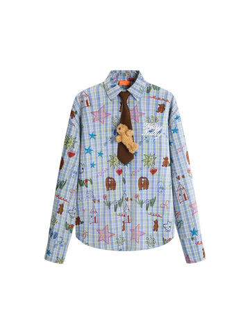 Oversized Plaid Doodle Print Button Up Shirt