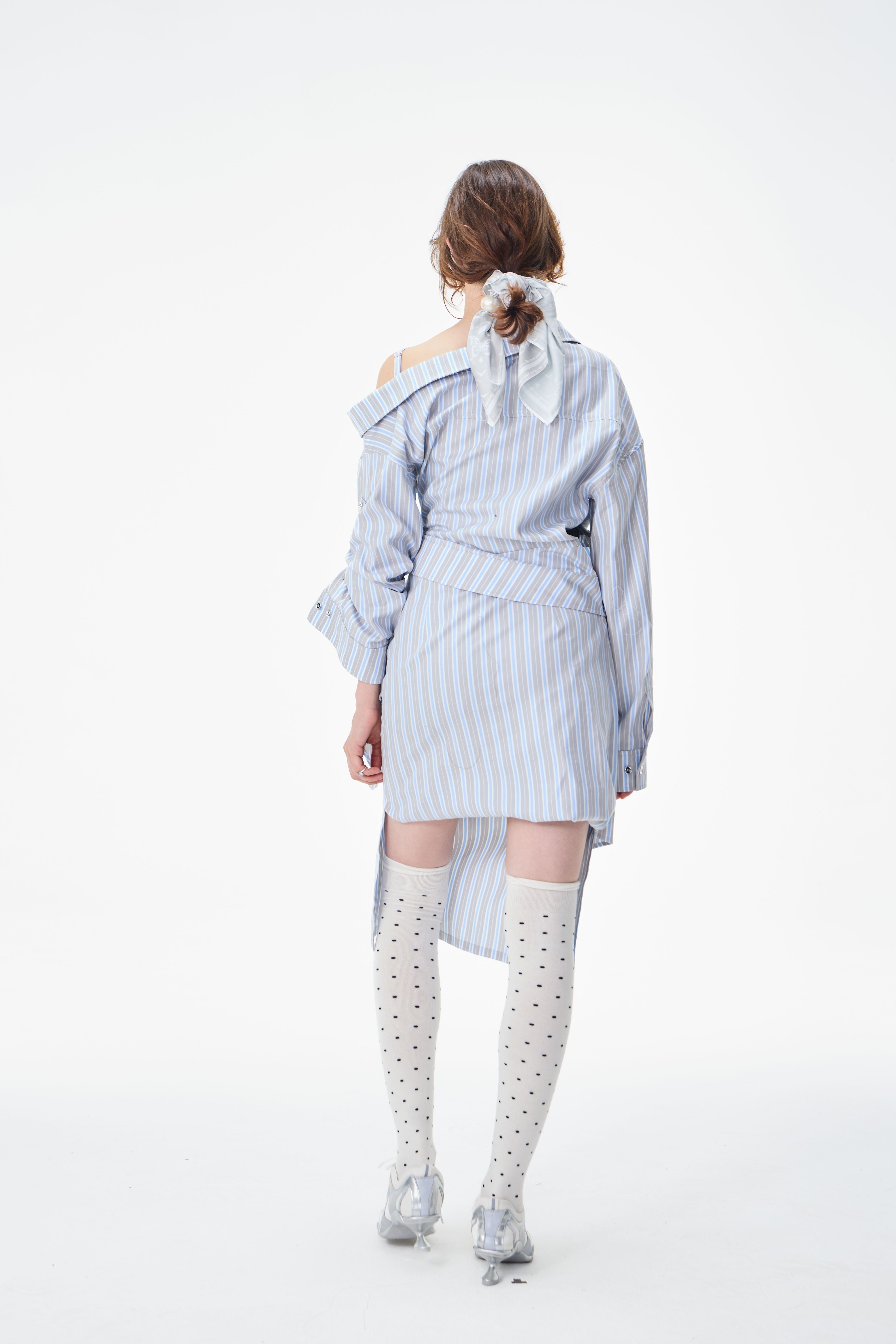 Asymmetrical Striped Cold Shoulder Shirt Dress