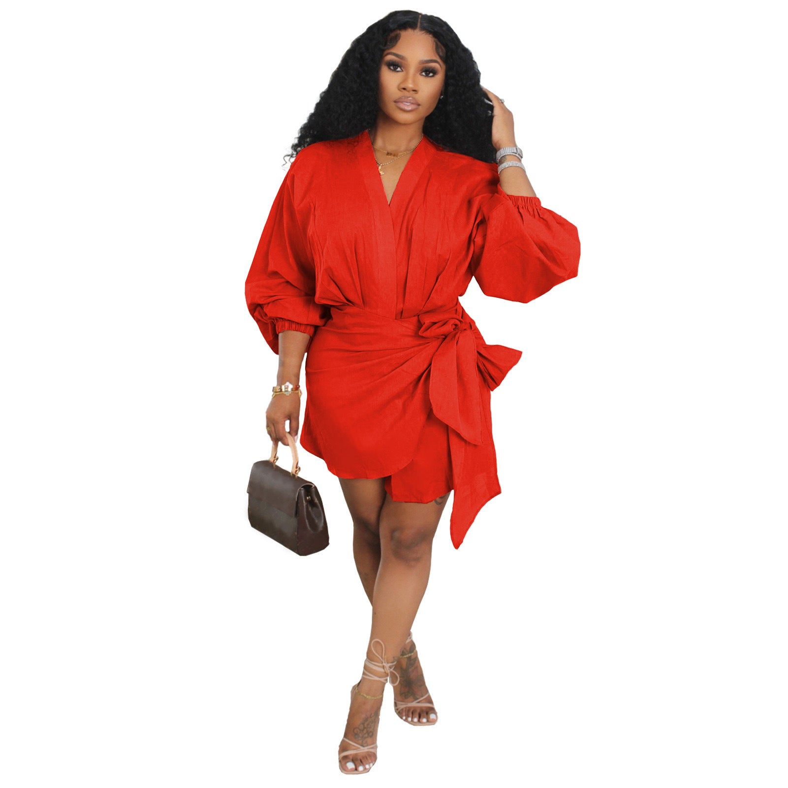 V Neck Tie Waist Mini Dress