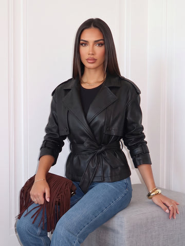 Belted Chic Faux Leather Jacket