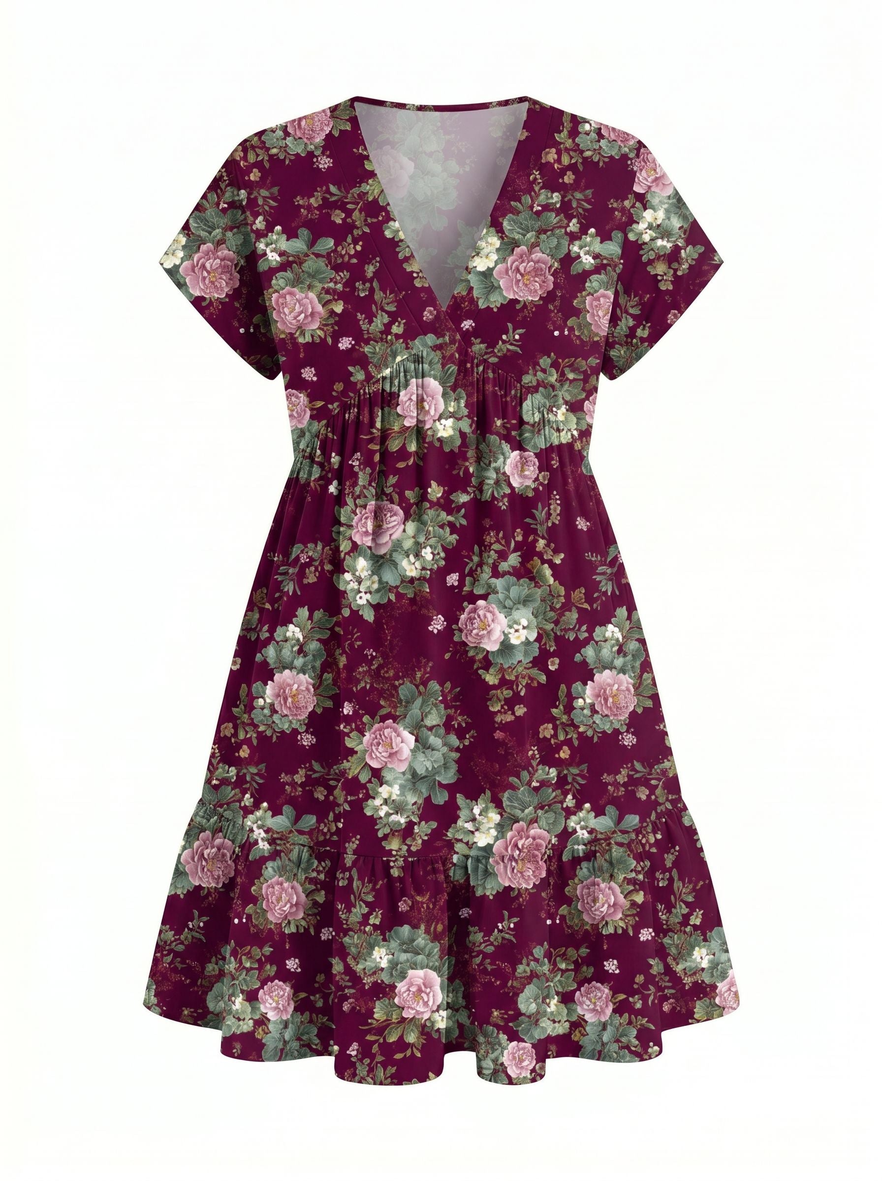 Floral Print V Neck Tiered Babydoll Mini Dress