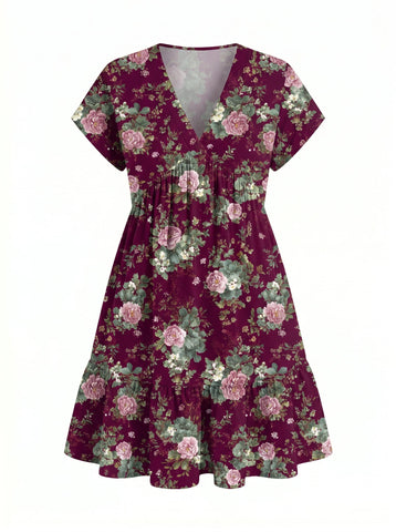 Floral Print V Neck Tiered Babydoll Mini Dress
