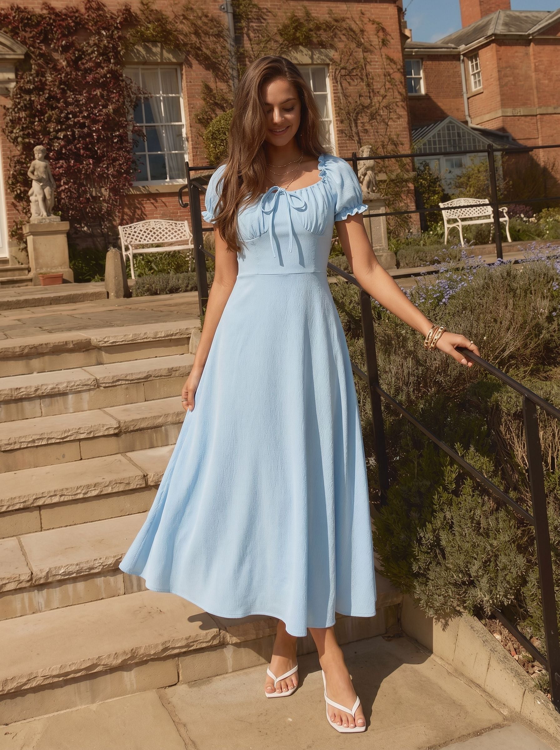 Square Neck Ruffle Sleeve Midi Dress