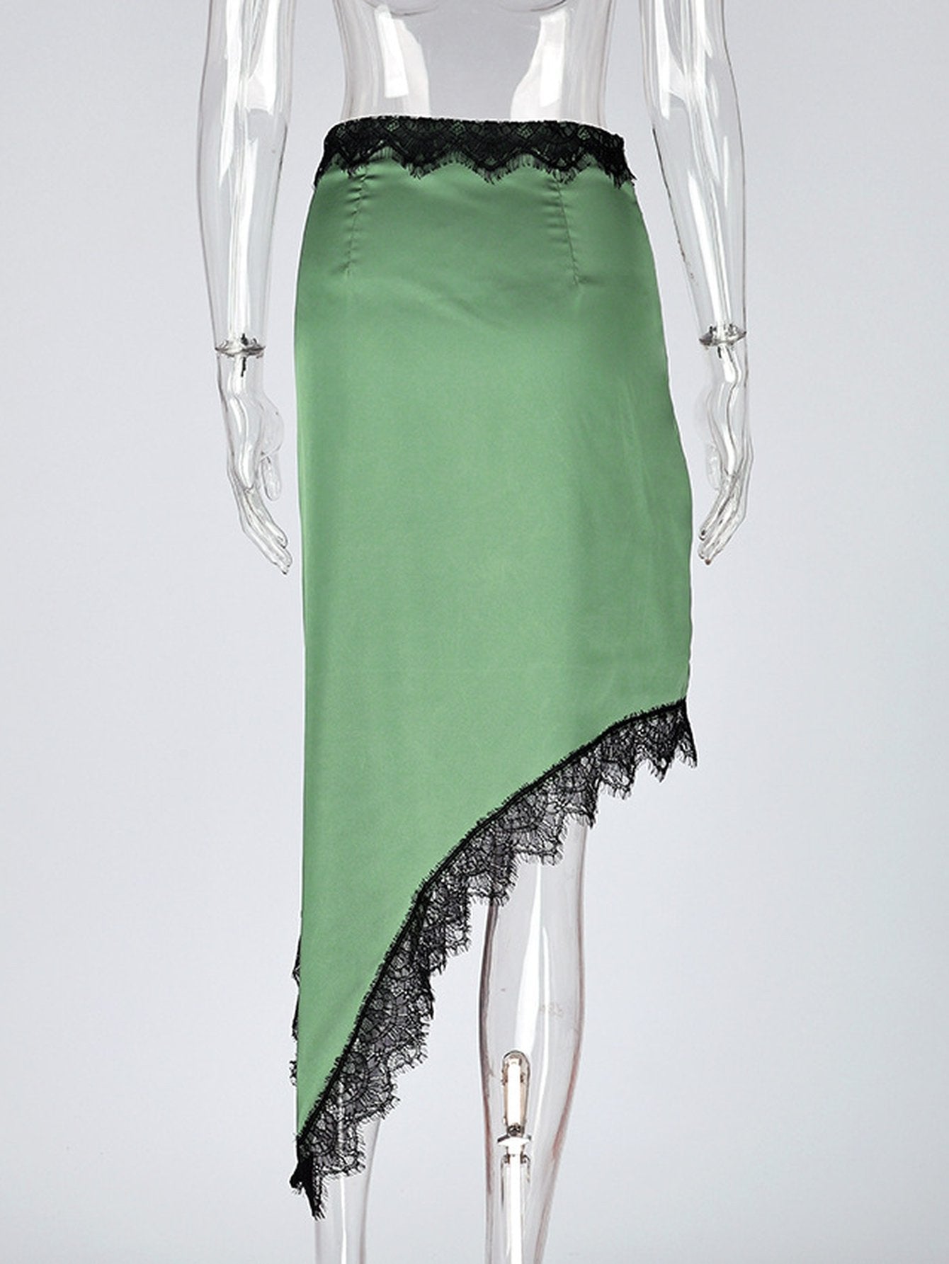 Elegant Lace Trim Satin Midi Skirt