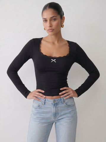 Lace Trim Bow Detail Long Sleeve T-shirt