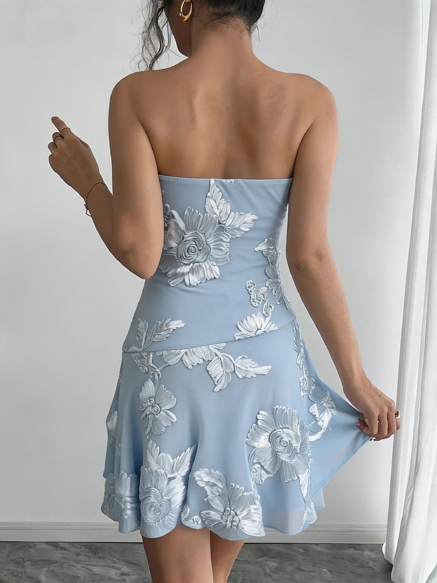 Floral Embroidered Strapless Mini Dress