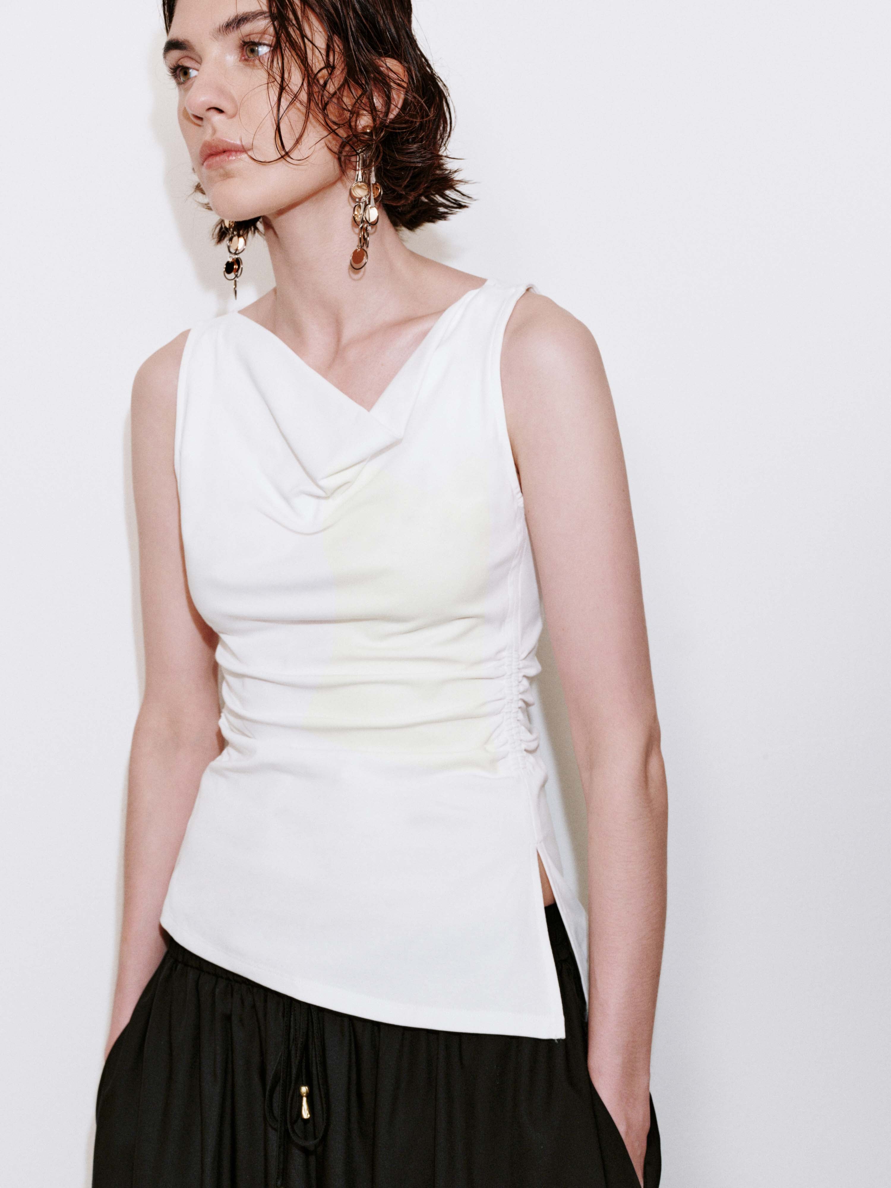 Cowl Neck Sleeveless Ruched Tank Tops