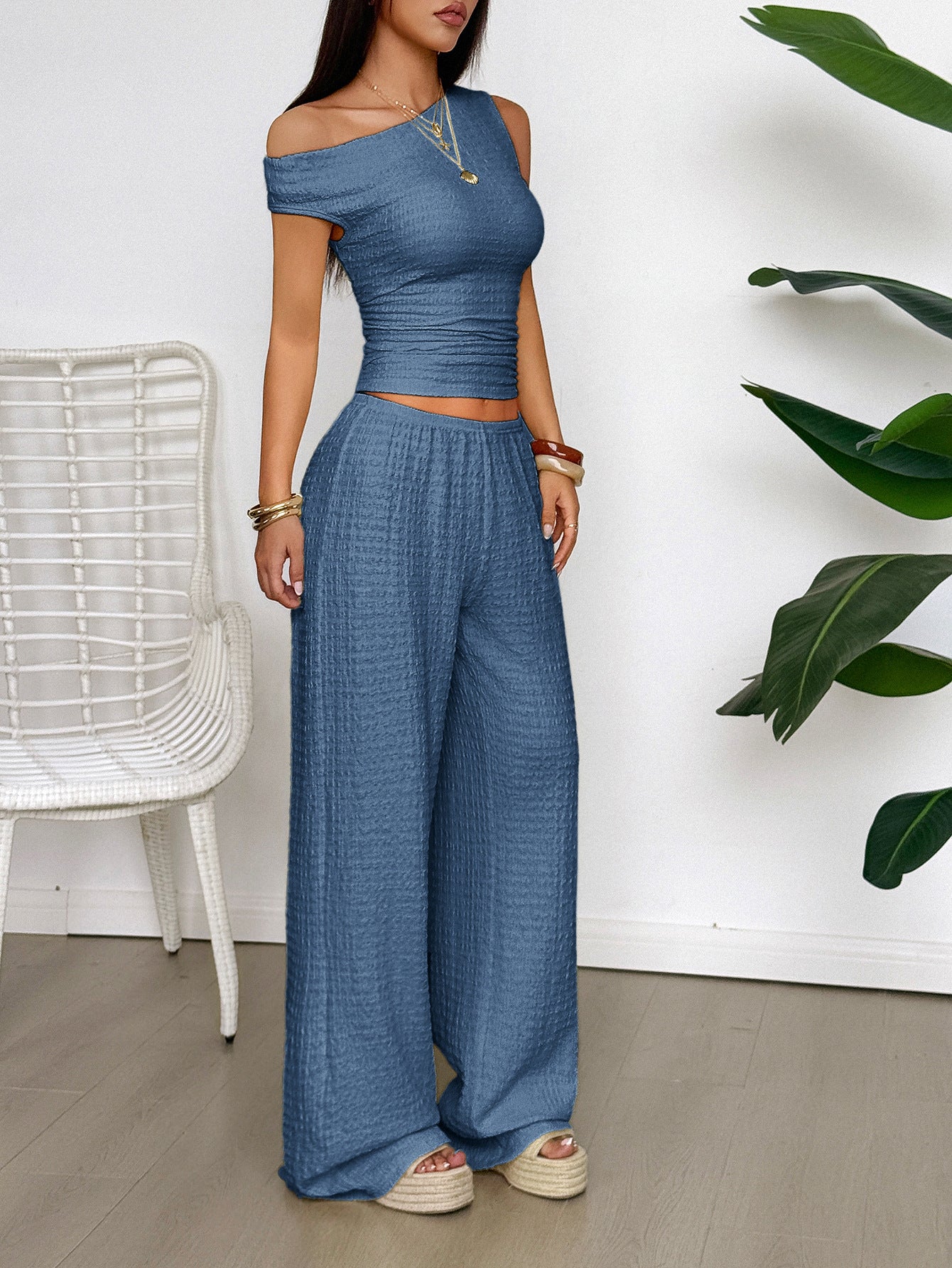 One Shoulder Ribbed Knit Pants Set