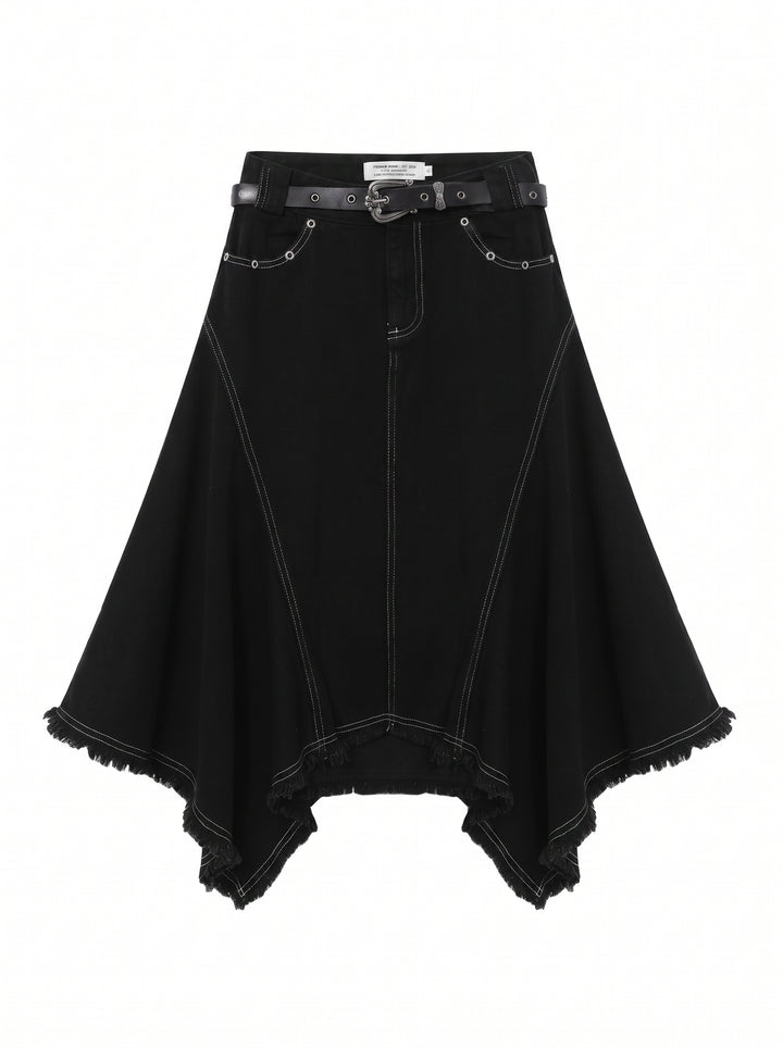 Distressed Asymmetric High Waist Denim Skirt