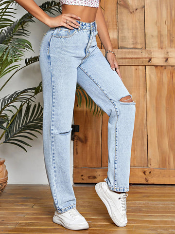 High Waisted Distressed Straight Jeans