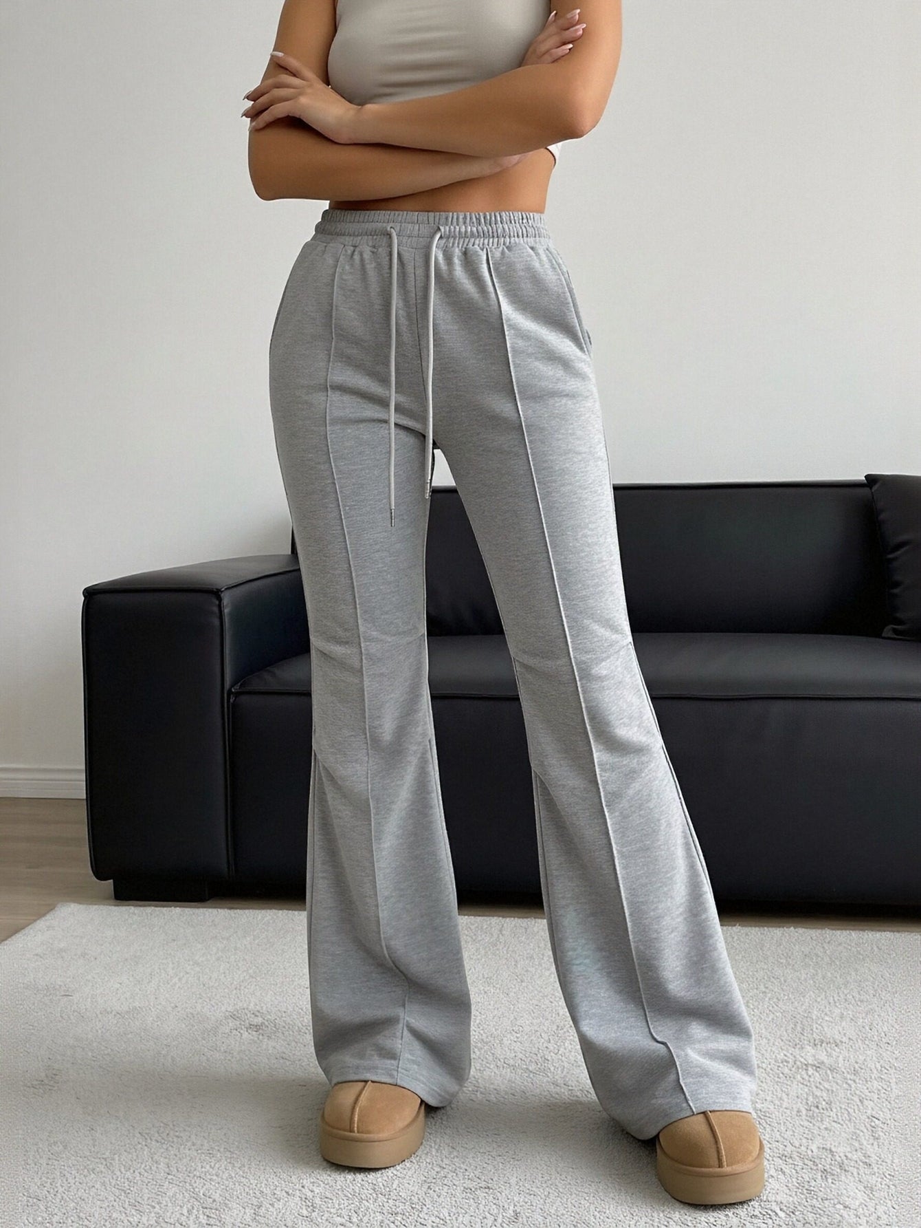 High-Waisted Drawstring Flare Athletic Pants-Gray