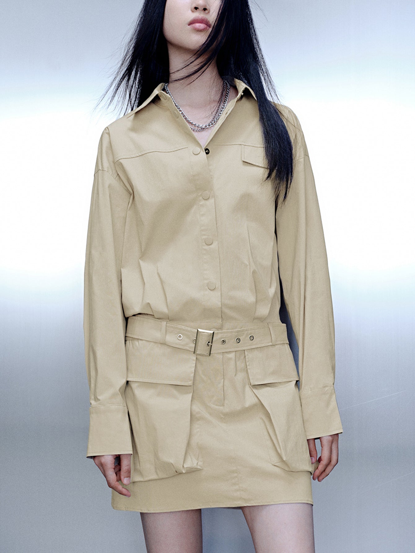 Urban Revivo Skater Shirt Dress With Belt-Gray Natural