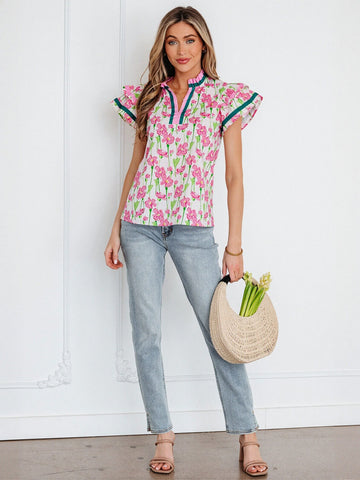 Floral Ruffled Trim Blouse